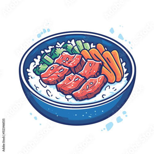 Donburi bowl with rice, meat, and vegetables