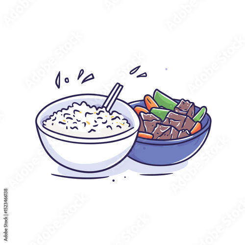 Dishes with rice and stir fry meal