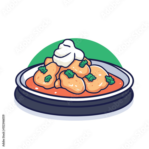 Dumplings with cream in cartoon food dish