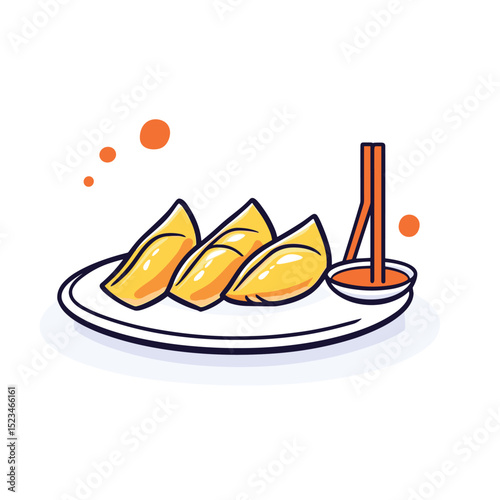 Dumplings on plate with dipping sauce, food