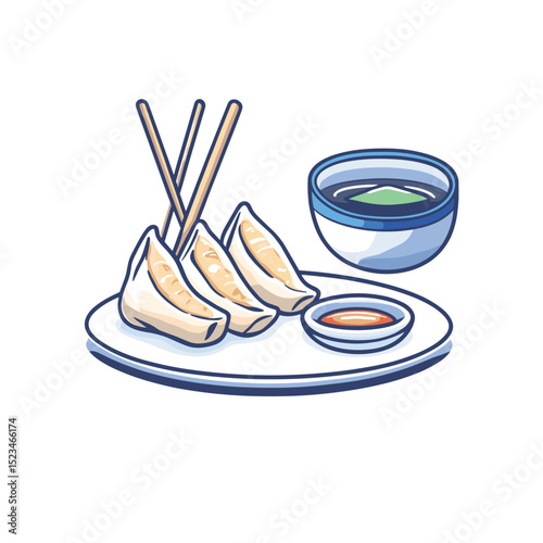 Dumplings with soy sauce and chopsticks on plate