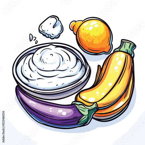 Eggplant zucchini lemon food ingredients drawing