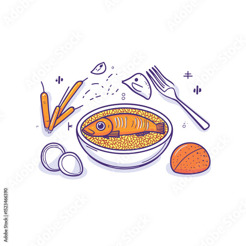 Fish dish ingredients and fork food elements