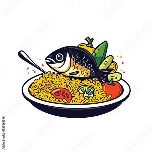 Fish paella with vegetables on plate meal
