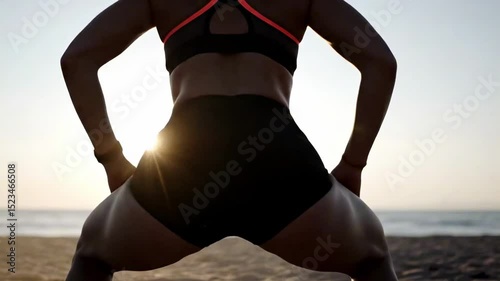 Silhouette of an athlete stretching on the beach at sunset, showcasing strength and determination against a vibrant sky and ocean backdrop - big athletic booty