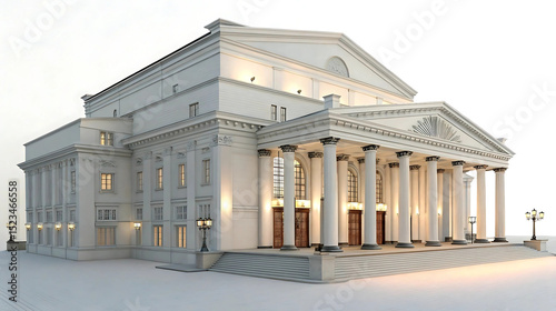 Neoclassical Theater Building with Columns and Lights, elegant cultural landmark, opera house or government building rendering, architectural illustration, historic structure photo