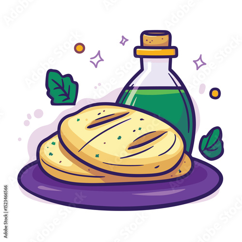 Flatbread and bottle with green liquid
