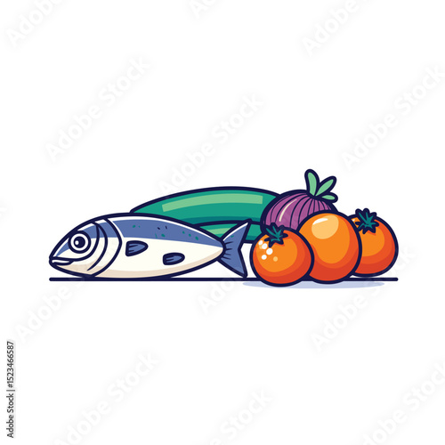 Fish with cucumber, onion, and tomatoes composition