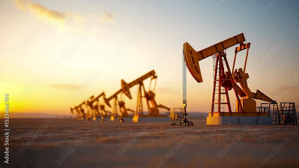 Oil Pump Jacks operate on a vast plain at sunset, extracting crude oil from the ground under a golden sky. Oil Pump Jacks operate on a vast plain at sunset, extracting crude oil from the ground under a golden sky.