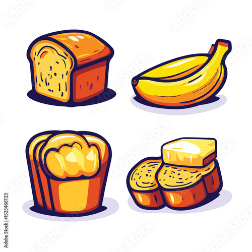 Fresh breads and banana fruit food set