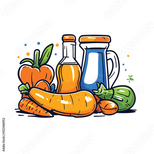 Fresh produce and oil illustration for healthy cooking