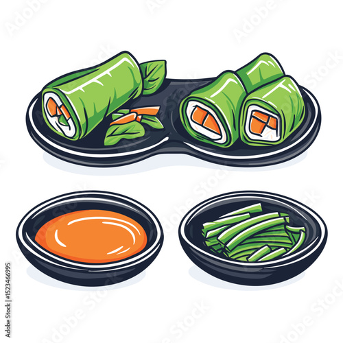 Fresh spring rolls served with sauce and vegetables