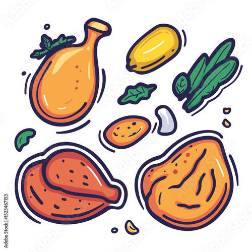Fried chicken meal with side dishes cartoon