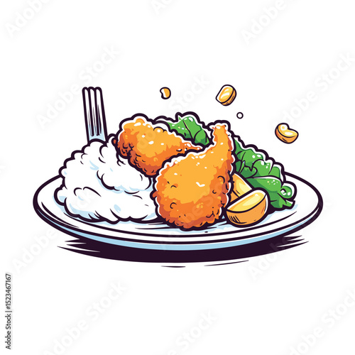 Fried chicken with mash potatoes meal drawing