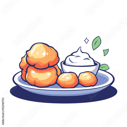 Fried dough plate with dip and mint garnish