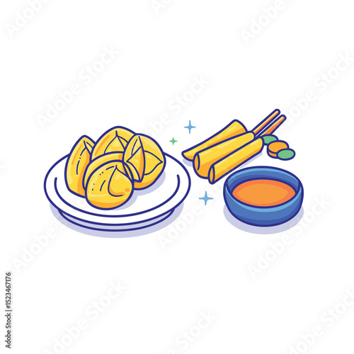 Fried dumplings and spring rolls with dipping sauce