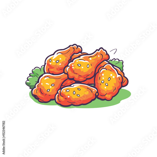 Fried chicken wings with garnish, tasty cartoon food
