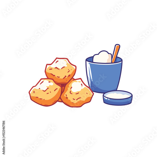 Fried dough with cream and condiment container