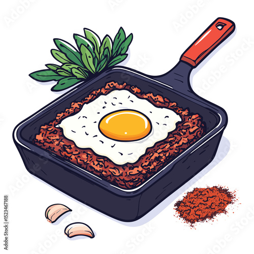 Fried egg and meat dish in pan