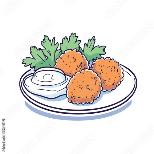Fried food plate appetizer with creamy sauce