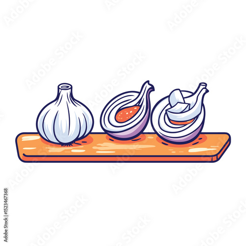 Garlic bulb, sliced on wooden cutting board
