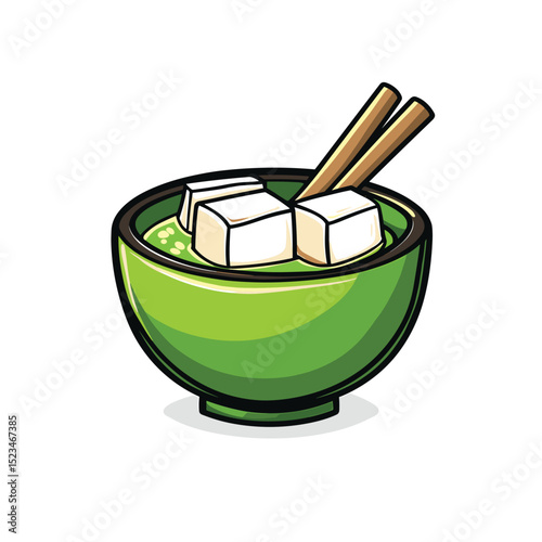 Green bowl with tofu and chopsticks cartoon
