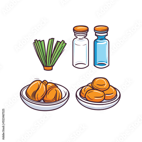 Green onions and snacks with bottles