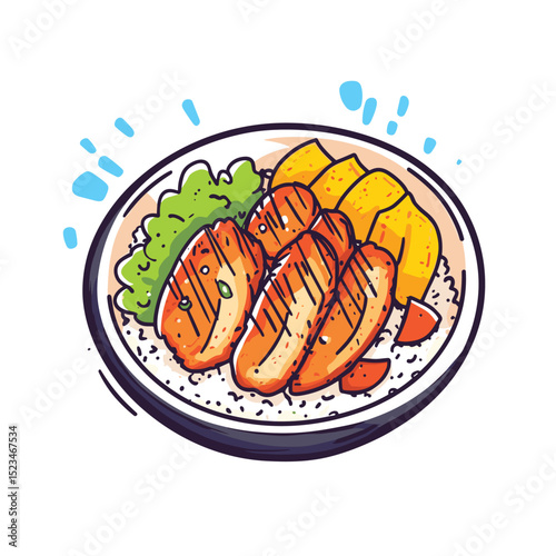Grilled chicken dish with rice and vegetables