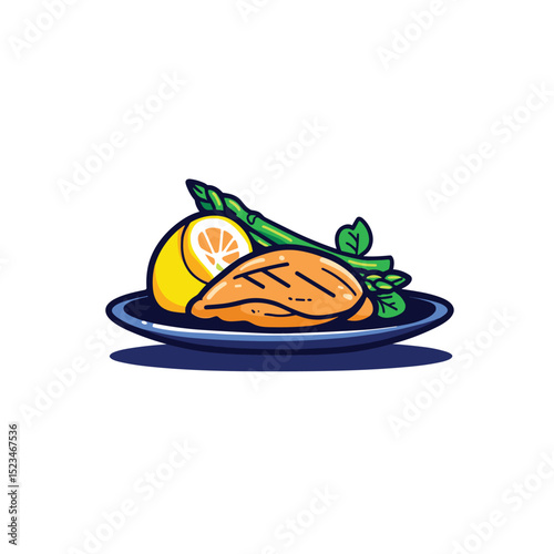 Grilled chicken lemon asparagus on plate food