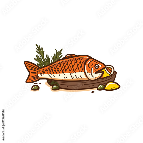 Grilled fish dish with lemon and herb garnish