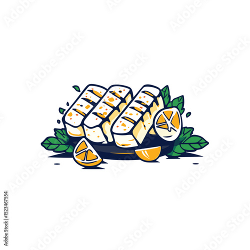 Grilled halloumi with lemon and basil arrangement