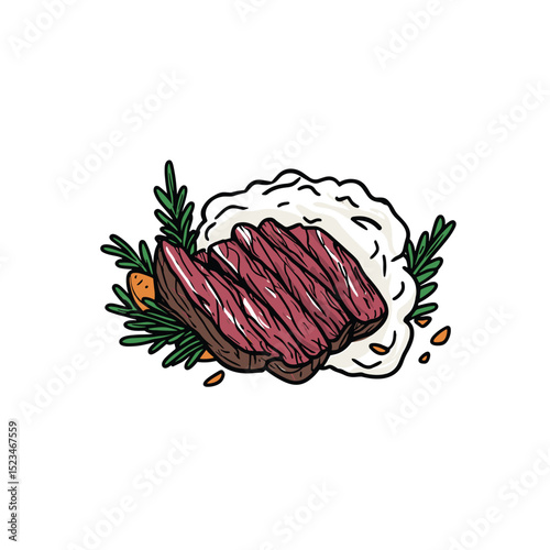 Grilled meat with mashed potatoes and rosemary sprigs