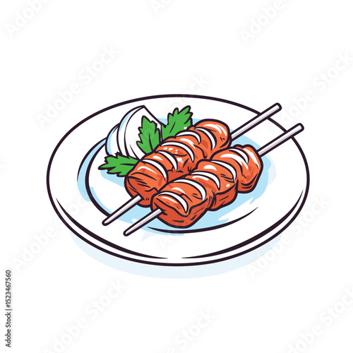 Grilled meat skewers served on a white plate