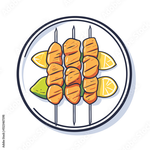 Grilled skewers with lemon on white plate
