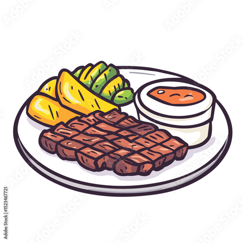 Grilled steak with potato wedges on plate