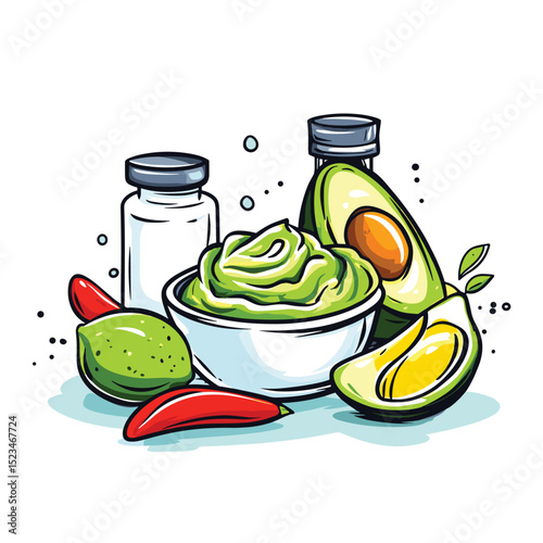 Guacamole bowl lime pepper avocado ingredients