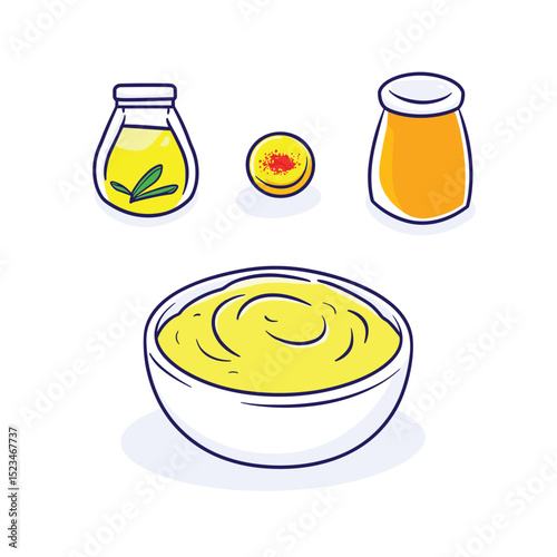 Condiments collection: olive oil, honey, mustard, spices