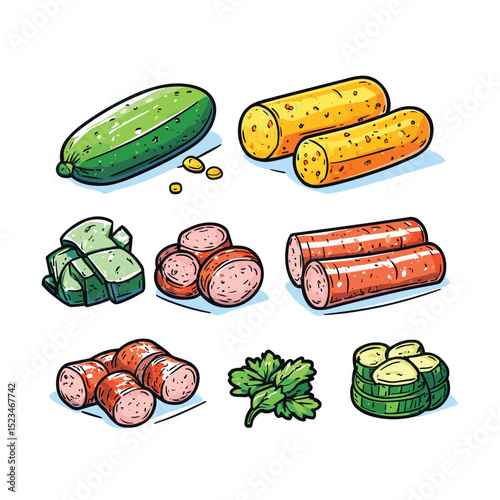 Salad ingredients: cucumber sausage and parsley