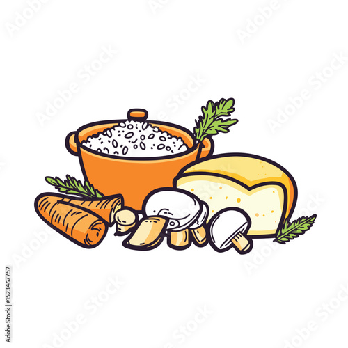 Ingredients still life: soup, cheese, mushroom, carrot