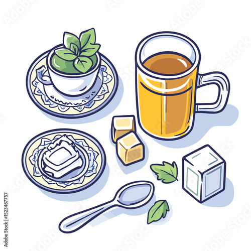 Tea time: tea cup mint sugar cubes