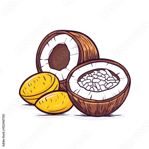 Halved coconuts and fruit food still life