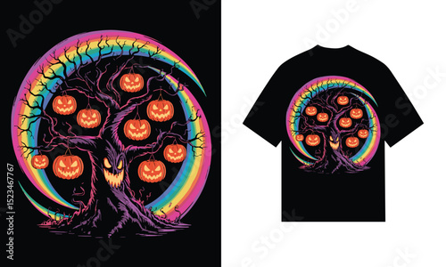Spooky halloween rainbow tree jack o lantern t-shirt design