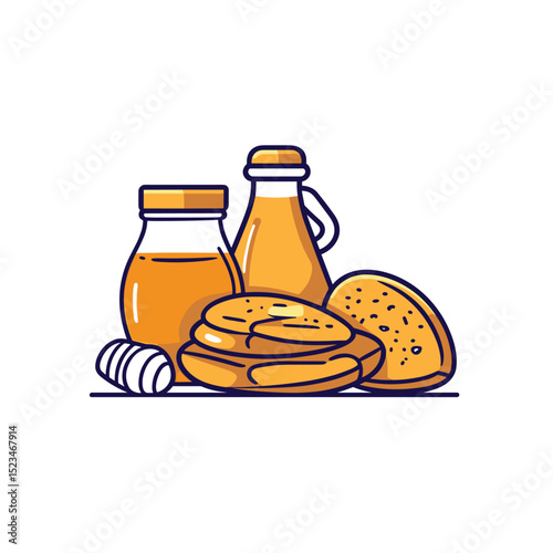 Healthy food including oils, bread and nut