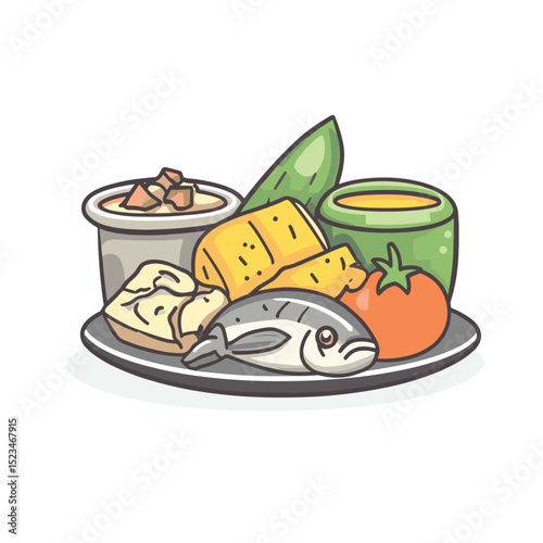 Healthy food plate with fish and vegetables