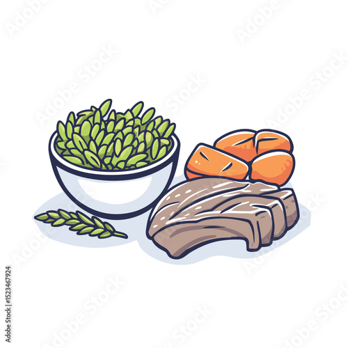 Healthy meal with meat carrots and greens