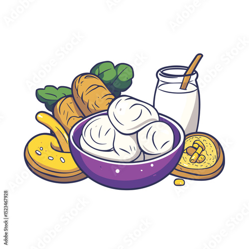 Healthy foods composition with milk and dumplings