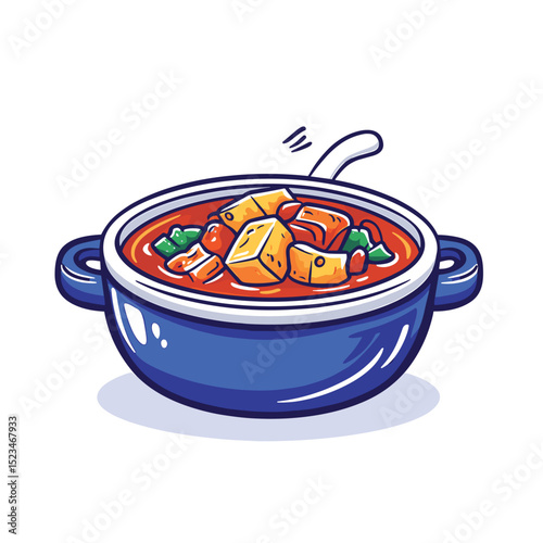 Hearty stew in a blue pot with spoon