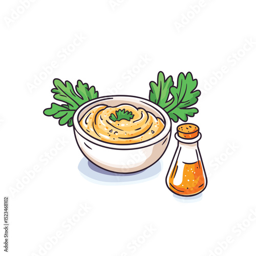 Hummus with herb and oil bottle condiment