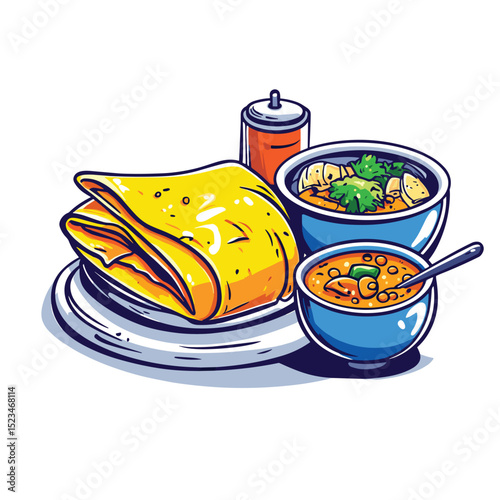 Indian lunch plate with curry and roti