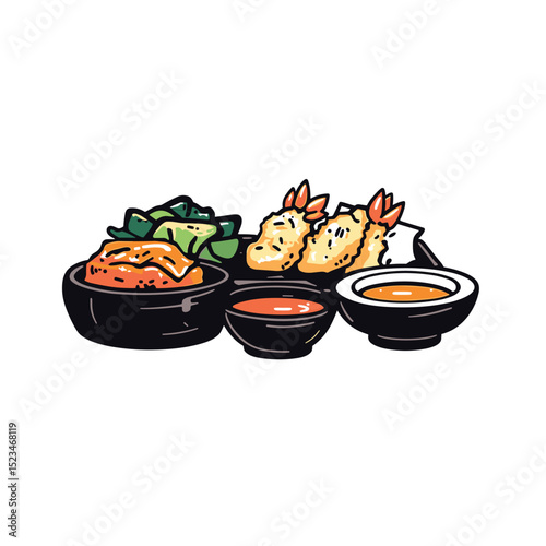Japanese food tempura with sauce and salad